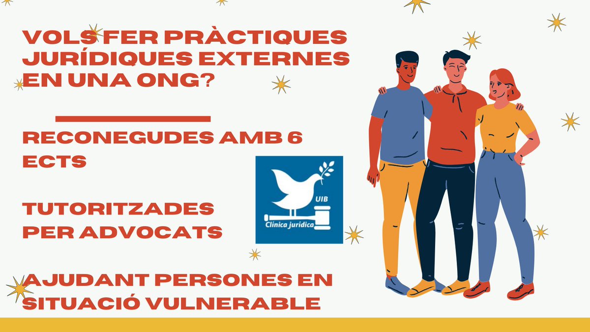 Si vols conèixer la part pràctica i més social de Dret i estudies <a href="/DerechoUIB/">Facultat de Dret UIB</a> mira la convocatòria per fer pràctiques jurídiques externes a <a href="/caritasmallorca/">Càritas Mallorca</a> <a href="/CreuRojaBalears/">Creu Roja Illes Balears</a> <a href="/orgmater/">Mater</a> @ONGSolidaris amb col·laboració <a href="/icaib/">ICAIB</a>. Demana plaça fins 15 setembre! clinicajuridica.uib.cat/cliniques-juri…
