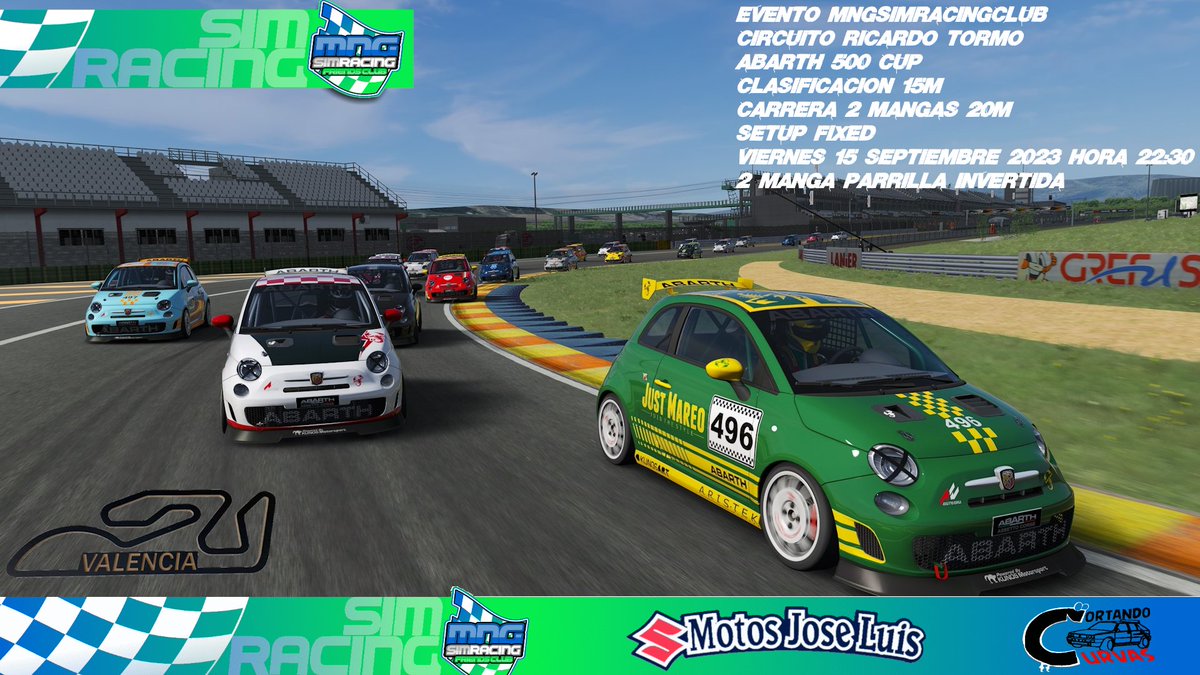 Buenos días!
El próximo viernes volvemos a la competición, el trazado de Ricardo Tormo será la primera cita de la Abarth 500 cup.
Nos vemos en pista!