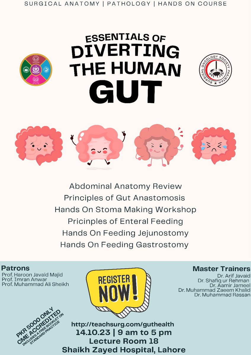 CME ACCREDITED, HANDS ON WORKSHOP ON ESSENTIALS OF DIVERTING THE HUMAN GUT
[Suitable for House Officers and Residents]

Learn the art of Stoma Making and Enteral Feeding with appropriate literature review!

REGISTER NOW: teachsurg.com/guthealth

<a href="/hjmajid/">Haroon Javaid Majid</a> @