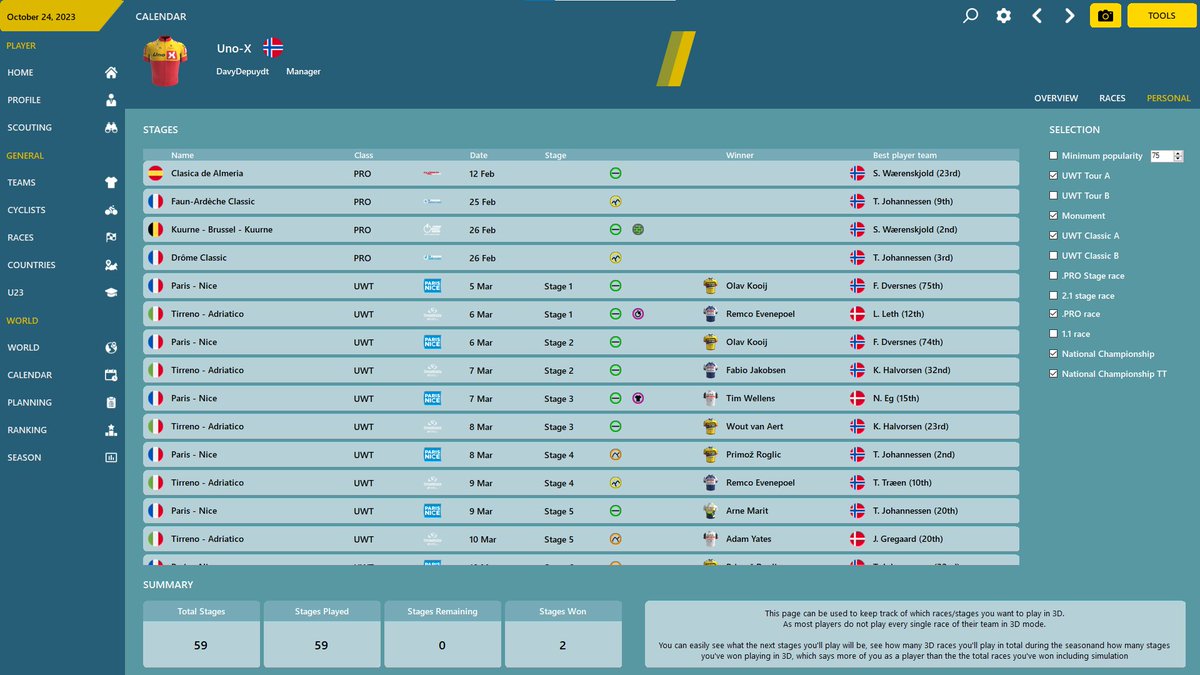 DavyDepuydt's tweet image. 📅 Plan your path to cycling glory with PCM+! Our &apos;Personal Calendar&apos; feature helps you balance 3D races vs simulations, making career mode a breeze. 🚴‍♂️🌟 #PCMPlus #CareerPlanning

davydepuydt.com