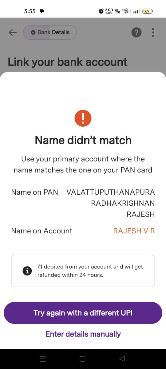 BtechTraders's tweet photo. #upstox i am trying to open a demat account and stuck at this step. The name in Pancard is the expanded version of my name. And its showing name mismatch. I have tried calling the customer support, no response from your side. @upstox @UpstoxSupport https://t.co/jvAvVP1zfK