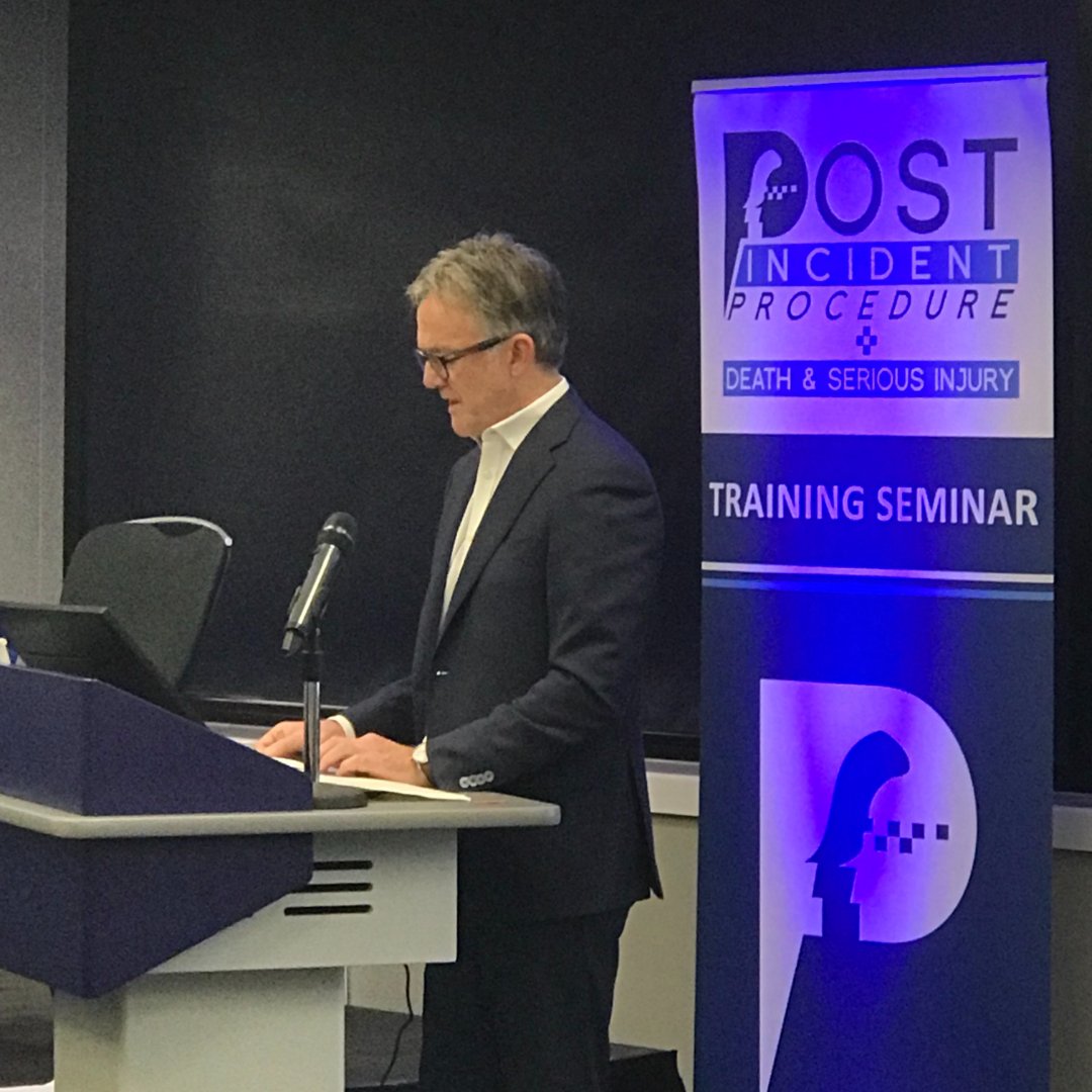 PFEW_HQ's tweet photo. On day two of our Post Incident Procedures Training Seminar, Scott Ingram, our first guest speaker and legal director from @DACBeachcroft, discusses the interpretation of use of force and the subsequent impact on key police witnesses.
#PIP23 https://t.co/h8pkb62WtA