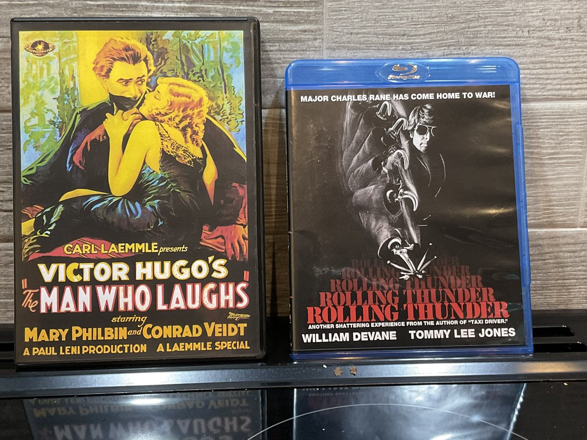 Mail day today from eBay. The Man Who Laughs 10.99 (transfer not as good as I thought but still good). Rolling Thunder 11.50 (looks great on Blu-ray with a making of, trailer, tv spot, radio spots, and photo gallery). Very happy with my purchases #themanwholaughs #rollingthunder