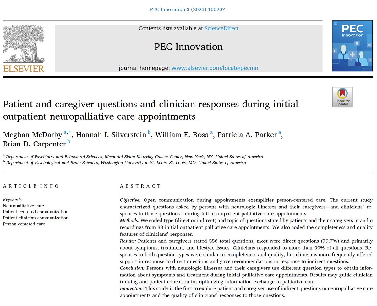 🚨Our new paper explores the direct &amp; INDIRECT questions patients &amp; caregivers ask in neuro #palliativecare appointments🩺Clinicians should be trained to communicate effectively to address questions in all forms➡️ sciencedirect.com/science/articl…