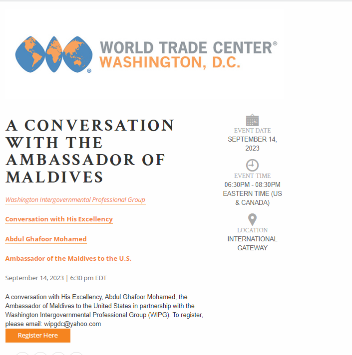 Join @ReaganITCDC (#WTCDC) for a network reception 'A Conversation w/ @aghafoormohamed,' the Ambassador of the #Maldives to the U.S. on Thurs, Sept 14 @ 18:30 EDT. Register: bit.ly/3LhqVoB. #Networking #SouthAsia #ConnectingBusinessGlobally