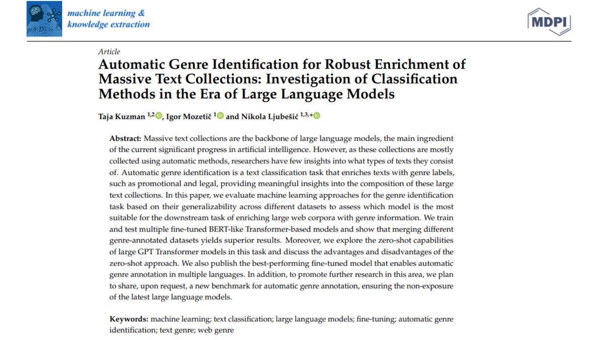 A comparison of text classification methods for automatic genre identification, promising results of GPT models, a freely-available genre classifier and a  benchmark for this task. Read on all that and more in our new paper in <a href="/MDPIOpenAccess/">MDPI</a>: mdpi.com/2504-4990/5/3/…