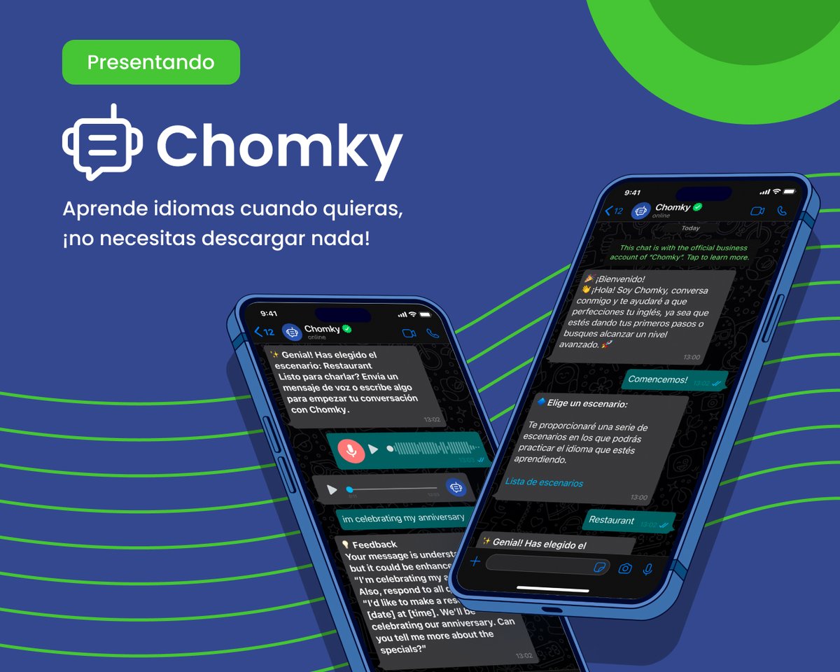 rather_labs's tweet image. ¡Presentamos a Chomky! Un chatbot de WhatsApp impulsado por #InteligenciaArtificial que revolucionará el aprendizaje de idiomas.