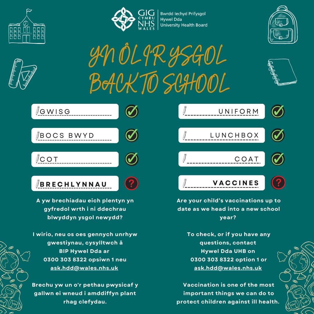 Vaccination is the most important thing we can do to protect children against ill health. Are your child’s vaccinations up to date as we head into a new school year? To check, or if you have any questions, contact @hywelddahb on 0300 303 8322 opt 1 or ask.hdd@wales.nhs.uk