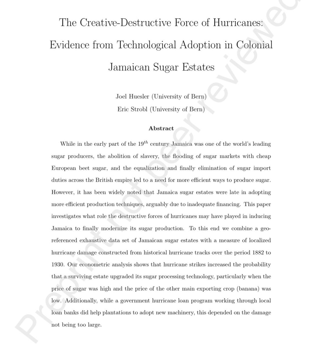 My paper on hurricanes & the Caribbean sugar industry didn't find its 1st journal home, but I see it as a chance to grow. With 2 years in, I'm more motivated to refine. Feedback is golden! Check out my findings: papers.ssrn.com/sol3/papers.cf…

#AcademicResilience 
 #ClimateImpact 🌪