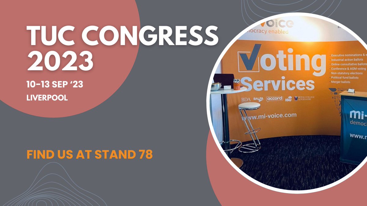 Democracy enabled (@mivoice) on Twitter photo It's another busy day at <a href="/The_TUC/">Trades Union Congress</a> Congress at The <a href="/ACCLiverpool/">ACC Liverpool</a>. We're here until Wednesday so if you're visiting, find us at Stand 78 to meet some of the team & find out how we can support union members with our voting services.
#TUC23 #TUC2023 #TradeUnions #memberengagement It's another busy day at <a href="/The_TUC/">Trades Union Congress</a> Congress at The <a href="/ACCLiverpool/">ACC Liverpool</a>. We're here until Wednesday so if you're visiting, find us at Stand 78 to meet some of the team & find out how we can support union members with our voting services.
#TUC23 #TUC2023 #TradeUnions #memberengagement