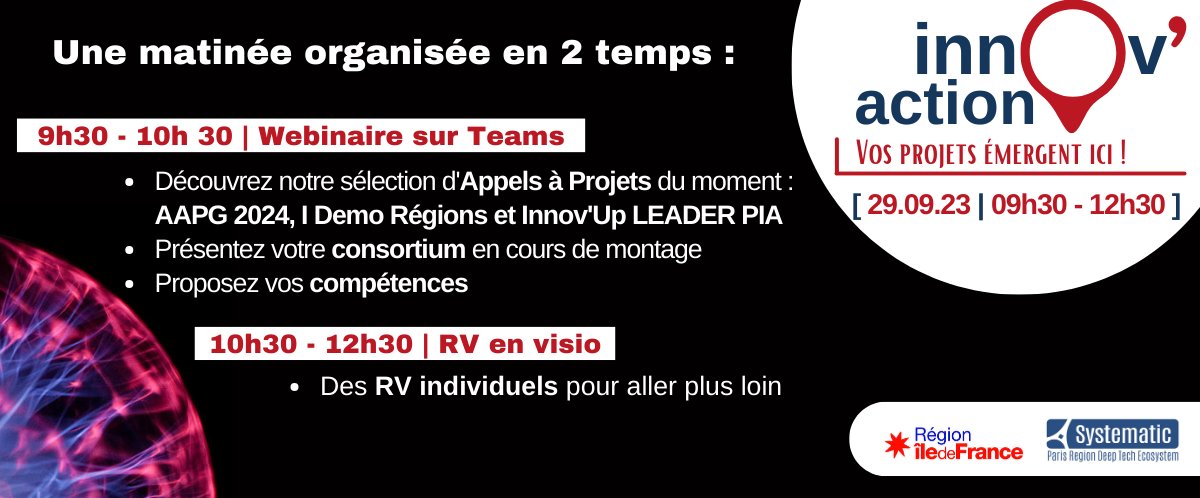 Hub Open Source Systematic Paris-Region (@hubopensource) on Twitter photo 🔔 Opportunités de financement !
Découvrez les appels à projet du moment lors du webinaire mensuel <a href="/Pole_Systematic/">Pôle Systematic</a>
➕En bonus : session de pitch projet et RV visio pour trouver les partenaires de vos projets de R&D
📅 29/09 de 9h30 à 12h30 👇
server.matchmaking-studio.com/fr/WebinarAppe… 🔔 Opportunités de financement !
Découvrez les appels à projet du moment lors du webinaire mensuel <a href="/Pole_Systematic/">Pôle Systematic</a>
➕En bonus : session de pitch projet et RV visio pour trouver les partenaires de vos projets de R&D
📅 29/09 de 9h30 à 12h30 👇
server.matchmaking-studio.com/fr/WebinarAppe…