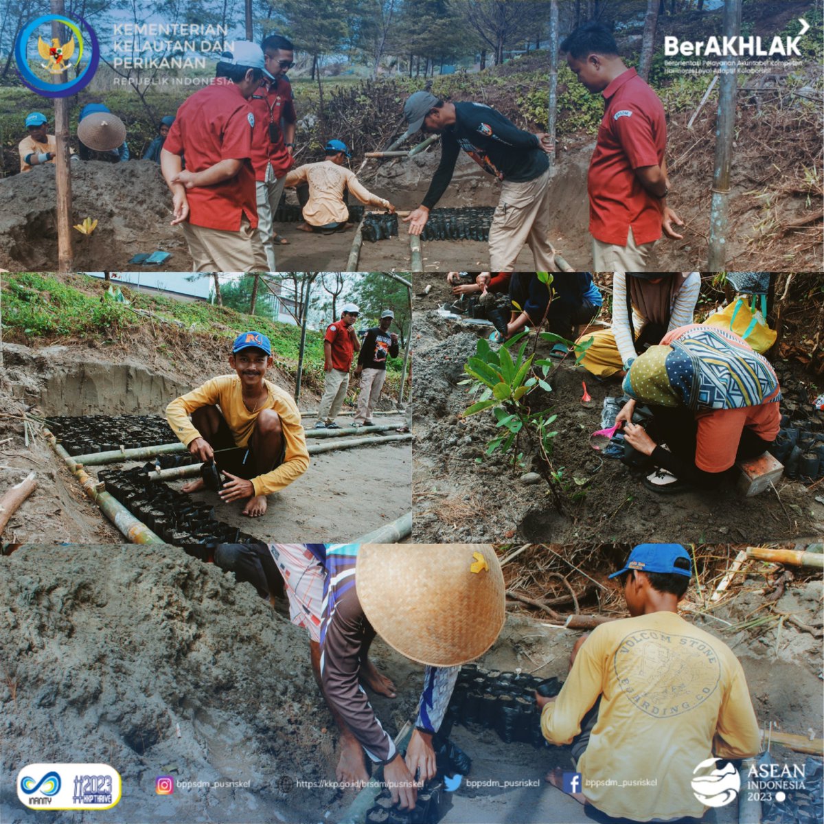 pusriskel's tweet photo. Pangandaran (12/09/23) PJ PIAMARI Usep Mulyadi, bersama 2 instruktur kelautan Wisnu dan Guntur melakukan pemantauan kegiatan proses pembangunan area percontohan  pembenihan mangrove di depan gedung #Piamari. 
@kkpgoid @bppsdm_kp @hendrasiry
#KKPThrive https://t.co/Bqm0vpqk5b