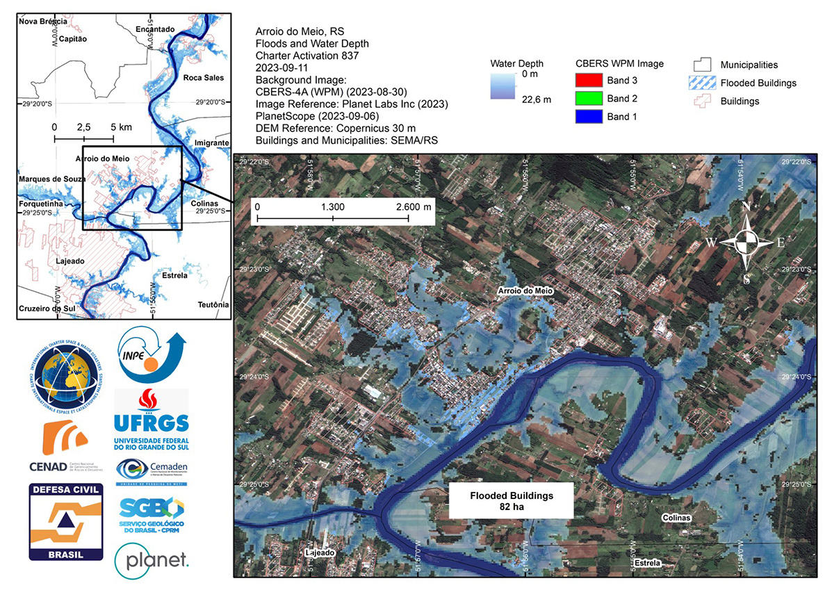 DisastersChart's tweet photo. These maps use PlanetScope and CBERS-4 imagery to estimate water depth and buildings affected by flooding in Rio Grande do Sul, Brazil: https://t.co/00r4Jk22Rr https://t.co/1mDOUpfkS3