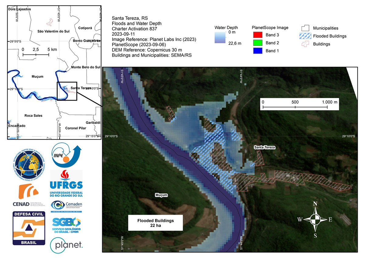DisastersChart's tweet photo. These maps use PlanetScope and CBERS-4 imagery to estimate water depth and buildings affected by flooding in Rio Grande do Sul, Brazil: https://t.co/00r4Jk22Rr https://t.co/1mDOUpfkS3