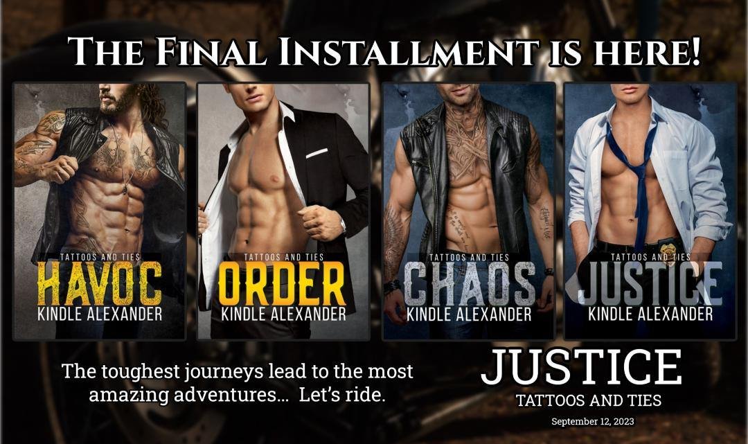 Caroldh4's tweet photo. Justice (Tattoos &amp; Ties #4) by Kindle Alexander, is LIVE!!  This is the epic final book in this series. The conclusion to Dev and Cash's story!
Amazon &amp; KU: https://t.co/Re876AxpGJ
My review: https://t.co/0Q376zremv https://t.co/nZLipoFZI6