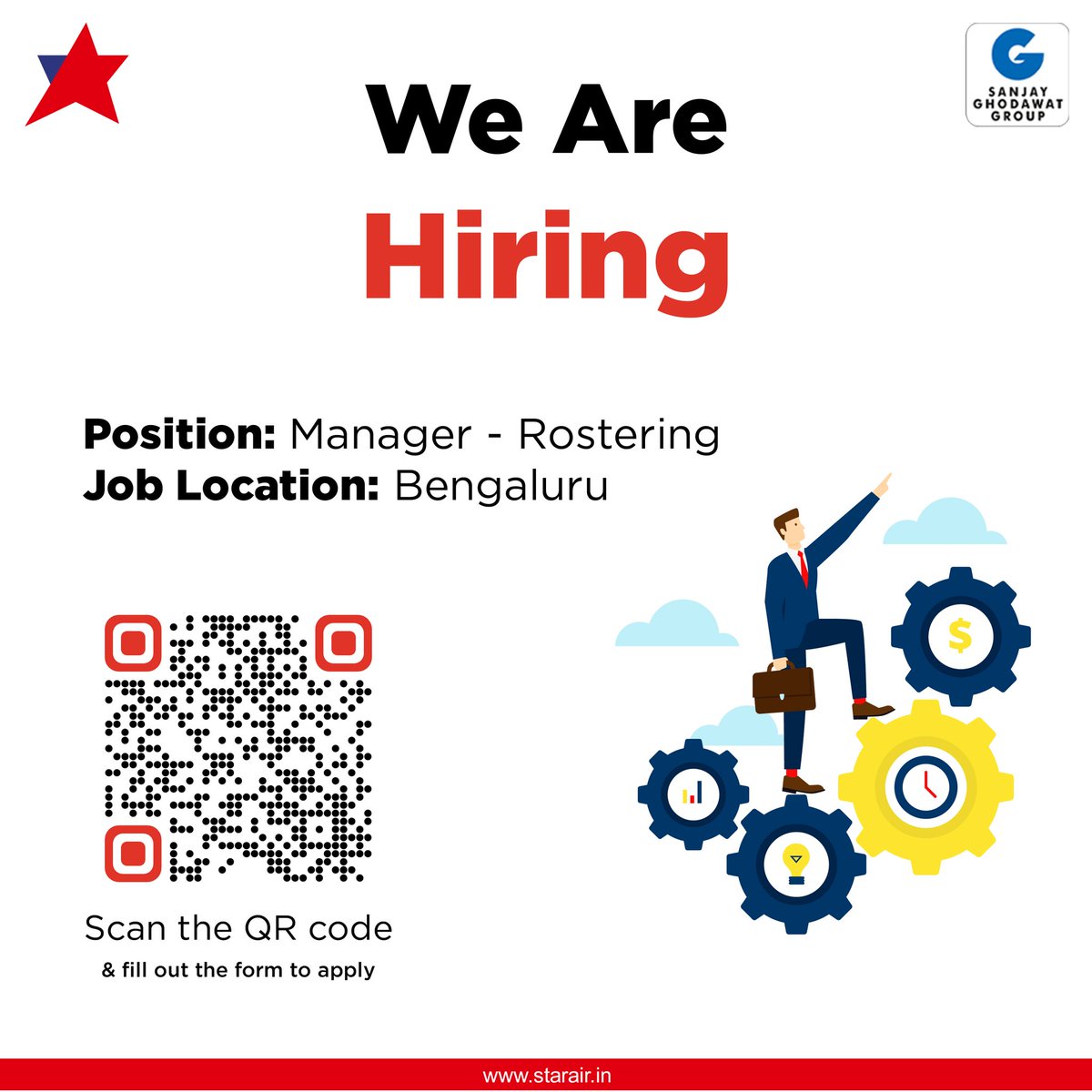 We are hiring!

Star Air is looking for a Rostering Manager in Bengaluru.

Scan the QR code and fill out your details! 

#OfficialStarAir #WeCare #ConnectingReallndia #FlyNonStop #FlyWithStarAir #SGGRising #IndianAviation #Hiring #AirlineRecruitment #AviationHiring #Bangalore