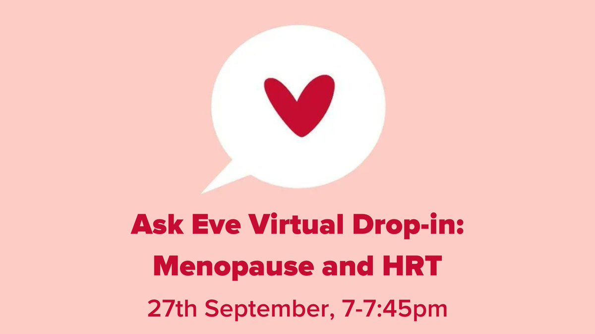 Have any questions about menopause and HRT?  

Join us for our free, live drop-in session with our #AskEve nurses, Helen and Tracie, on Zoom, Wednesday 27th September at 7pm.

Register here: bit.ly/3LjJDvz