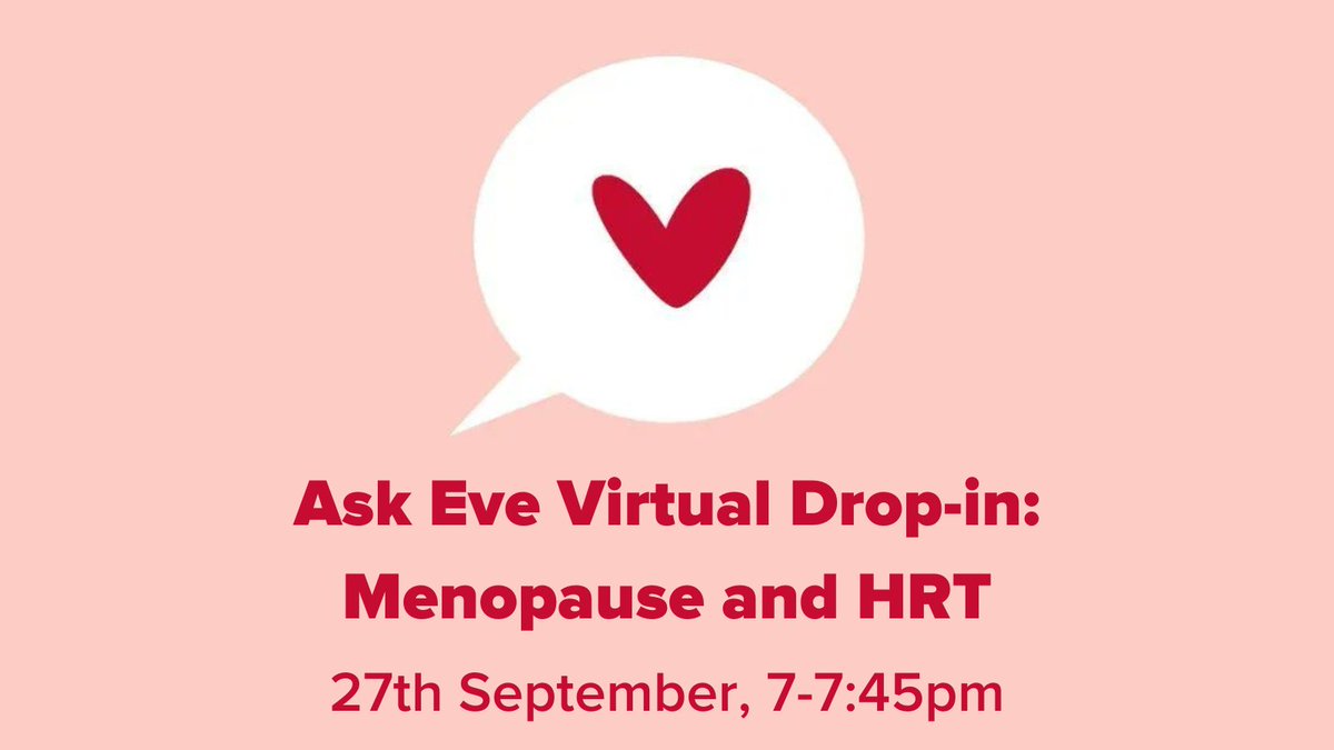 Have any questions about menopause and HRT? Join us for our free, live drop-in session with our #AskEve nurses, Helen and Tracie, on Zoom, Wednesday 27th September at 7pm. Register here: bit.ly/3LjJDvz