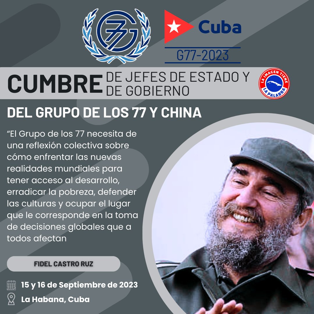 #FidelPorSiempre sobre el G77

"Formamos un conjunto de países caracterizados por la diversidad en cuanto a la geografía, las culturas y los niveles de desarrollo económico.Esa diversidad no debe ser debilidad,sino fuerza."

Cumbre #G77yChina 15 y 16 de septiembre, 2023
<a href="/cubag77/">Cuba Presidency | G-77 and China</a>