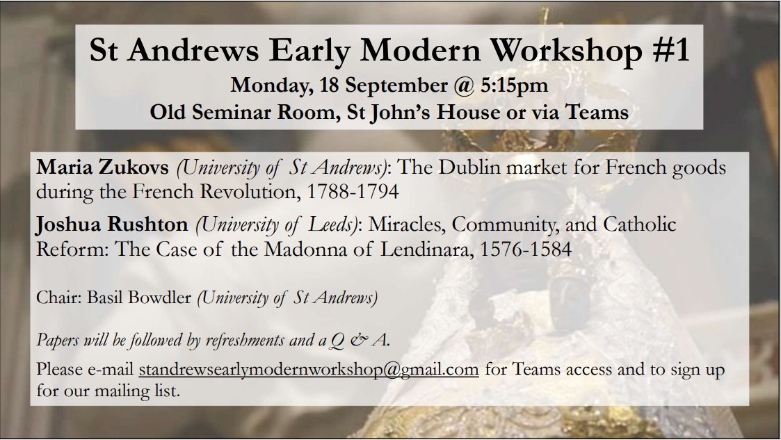 The time is nigh! The inaugural St Andrews Early Modern PG Workshop will take place next Monday, 18 September, in person and online - Details below. Please send us an e-mail if you wish to attend remotely. See you then!