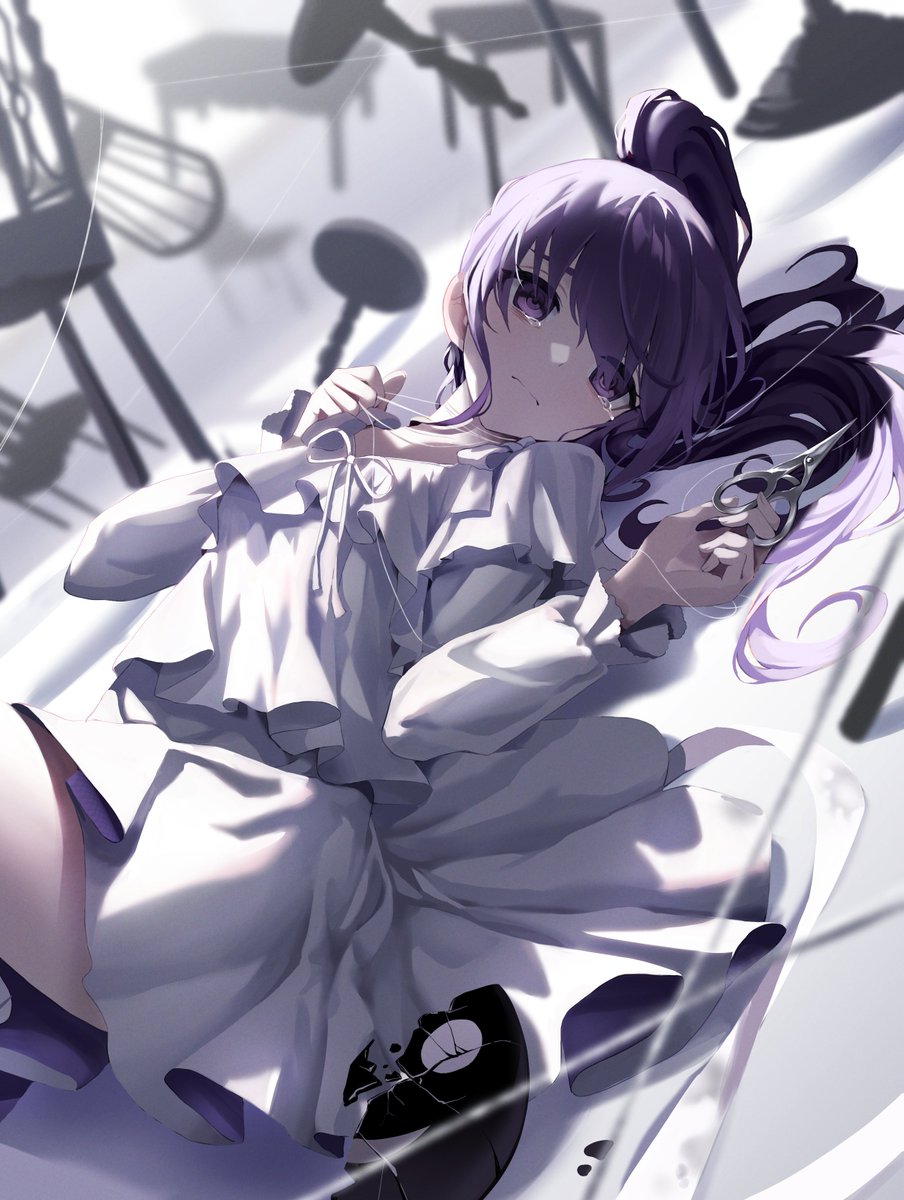 1girl solo dress purple hair scissors long hair purple eyes  illustration images