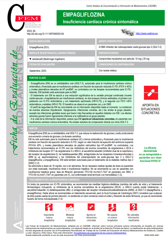 📢Nueva FEM‼️
#Empagliflozina en insuficiencia cardíaca crónica sintomática. CC <a href="/EASPsalud/">Escuela Andaluza SP</a> 

Más información 👉easp.ws/cadimefem62023
