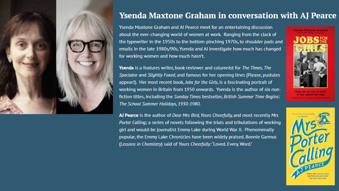 Join Ysenda Maxtone Graham, author of Jobs for the Girls, in conversation with AJ Pearce at Barnes Book Festival on Sunday 24th September. Jobs for the Girls is out on 21st September with Abacus Books. @YsendaMG @ajpearcewrites @BarnesBookFest brnw.ch/21wCuEd
