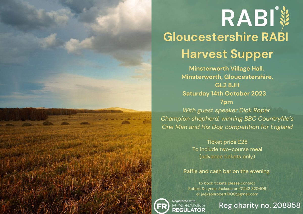 The annual Gloucestershire RABI Harvest Supper is back! 

With Champion Shepherd &amp; winner of One Man &amp; His Dog competition Dick Roper as the evening’s speaker! 

More details on how to book below ⬇️ 

#RABIHarvest #RABIcharity #HelpingFarmingPeople