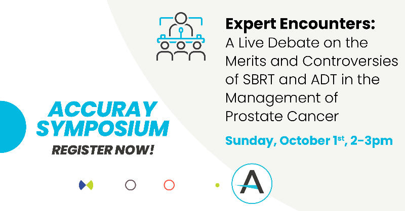 Accuray's tweet photo. Join us at #ASTRO23 on 10/1, 2 pm PST at our IET ‘Live Debates on the Merits and Controversies of SBRT and ADT in the Mgt of #ProstateCancer’. Join @AmarUKishan, Mack Roach, Richard Stock, @BobTimmermanMD, Jonathan Haas, and @SethBla for a lively exchange. #AccurayExpandRT #pcsm