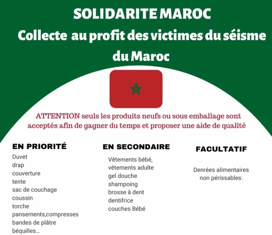 GreenSolidarite's tweet photo. [SOLIDARITE MAROC 🇲🇦] 

Le collectif MRE 42, vous accueille de 9h à 22h à l'Amicale Laïque de la Chaléassière pour réceptionner les produits de première nécessité ci-dessous 👇 https://t.co/rEXMt5EOy3