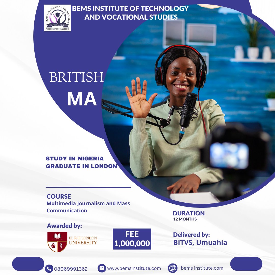 bemsInstitute's tweet photo. Earn a British MA in Nigeria!
Donβt miss out on an opportunity to upgrade your career with one of the top university in London MA (Masters of Arts).
Program starts 3rd October 2023
For more info: π08069991362
#bemsgroup #bitvs #bemssoft #learning #education https://t.co/NsjiEzCdx5
