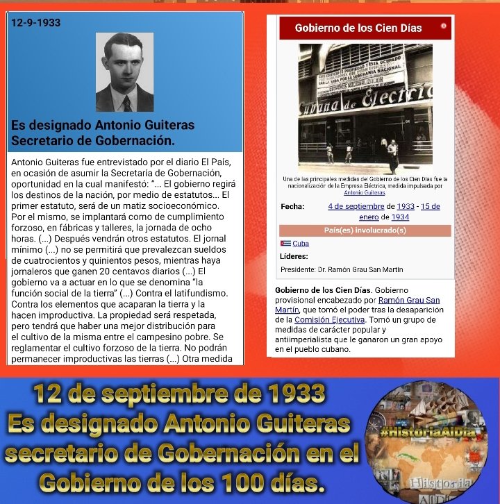 VidePvide's tweet photo. Tras las 👣 de la Historia 📖📝📚
Comparte y Divulga la Historia Efemérides 12 de septiembre .
👣Es designado Antonio Guiteras secretario de Gobernación.
👣Son torturadas y asesinadas Lidia Doce y Clodomira Acosta.
👣Nace Iroel Sánchez.
👣Son apresados los 5 Héroes
#HistoriaAlDía https://t.co/KVSJKavQjf