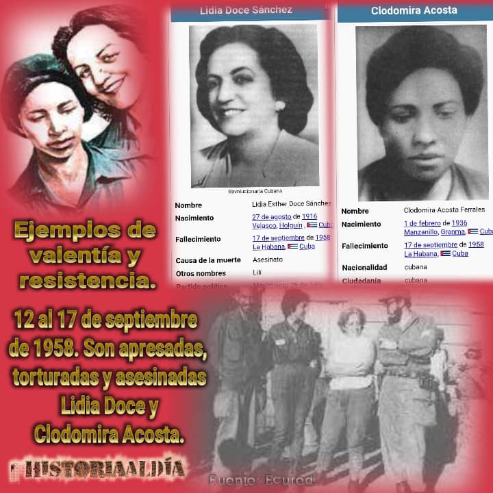 VidePvide's tweet photo. Tras las 👣 de la Historia 📖📝📚
Comparte y Divulga la Historia Efemérides 12 de septiembre .
👣Es designado Antonio Guiteras secretario de Gobernación.
👣Son torturadas y asesinadas Lidia Doce y Clodomira Acosta.
👣Nace Iroel Sánchez.
👣Son apresados los 5 Héroes
#HistoriaAlDía https://t.co/KVSJKavQjf
