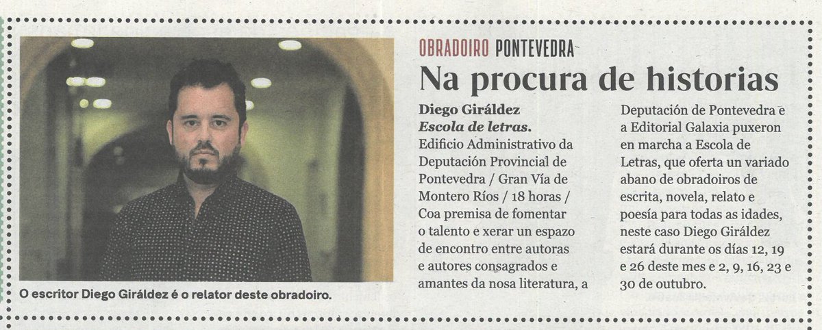 #Naprocuradehistorias, con <a href="/diegogiraldez/">Diego Giráldez 🎡</a>. HOXE comeza o derradeiro curso desta edición da #EscoladeLetras, da <a href="/depo_es/">Deputación Pontevedra</a> e a <a href="/EdGalaxia/">Editorial Galaxia</a>.

Vémonos, en #Pontevedra! <a href="/NosDiario/">Nós Diario</a>