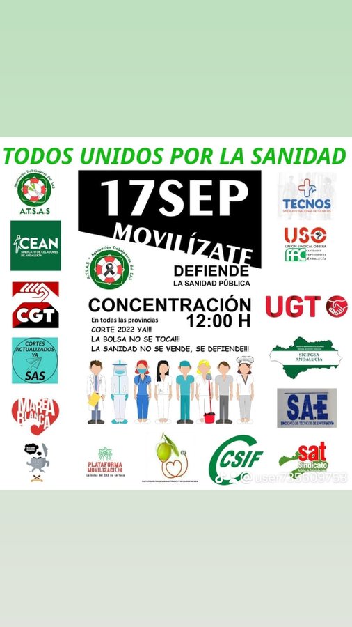alterandalucia's tweet photo. La Agrupación de Trabajadores del SAS #ATSAS organiza para el domingo 17 de Septiembre  concentraciones frente a todos los hospitales regionales de referencia de cada provincia andaluza, en señal de protesta ante la "precariedad laboral y el deterioro de la sanidad andaluza". https://t.co/ifYbjLoKsN