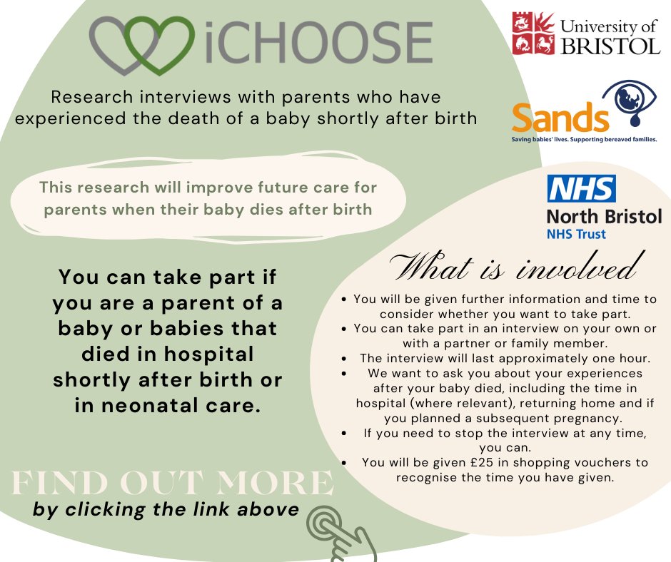Bristol University's iCHOOSE neonatal study is seeking parents who've experienced neonatal loss. Share your care journey in an online/telephone interview. Together, we can make a difference. Click for more info forms.office.com/e/qZAncwARQi. 🌼💔#iCHOOSEStudy #NeonatalLoss @SandsUK