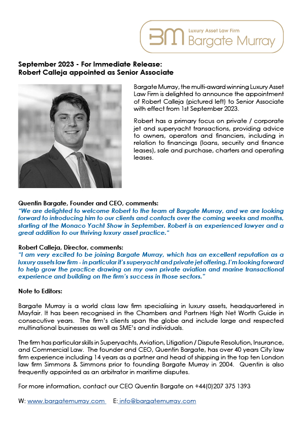 Bargate Murray is delighted to welcome Robert Calleja as Senior Associate.  More can be read about his arrival by following the link to the press release here bit.ly/44JBk33

#superyachts #businessaviation #luxuryassets