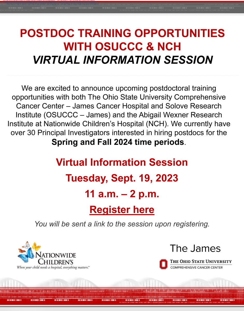 Looking for your next move? Researchers from @nationwidekids and @OSUCCC_James are looking for #postdoc scientists to join their teams. Register for the virtual information session here: redcap.osumc.edu/redcap/surveys…