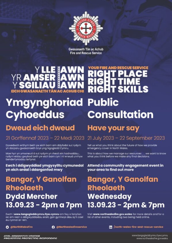 NorthWalesFire's tweet photo. HAVE YOUR SAY

Would you like to learn more about our consultation on the future provision of emergency cover in North Wales? We’re conducting sessions TOMORROW in Bangor 

📍 Bangor
📅 13.09.23
⏰ 2pm &amp; 7pm

More info 👉 https://t.co/olVC5peFSe
#RightPlaceRightTimeRightSkills https://t.co/8TuOFdASiF