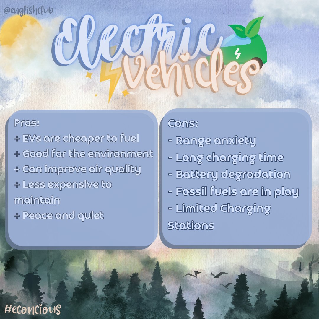 EnglishClub5's tweet photo. Electric vehicles are growing in popularity every day. Just like conventional vehicles, there are certain benefits and drawbacks of using an electric vehicle compared to using a gasoline-powered vehicle. 

⊱ So here are some of the 𝐏𝐫𝐨𝐬 𝐚𝐧𝐝 𝐂𝐨𝐧𝐬!! https://t.co/WBbD4Ap7Xj