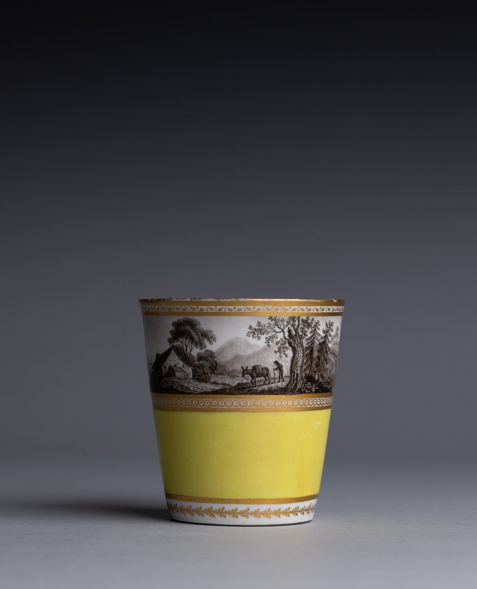 This extremely delicate and finely painted scene has got us thinking about fall! It belongs to a small yellow porcelain beaker and is truly a miniature, measuring around 1.5" in height. The artist would have painted this scene with a brush of only a few hairs.⁠