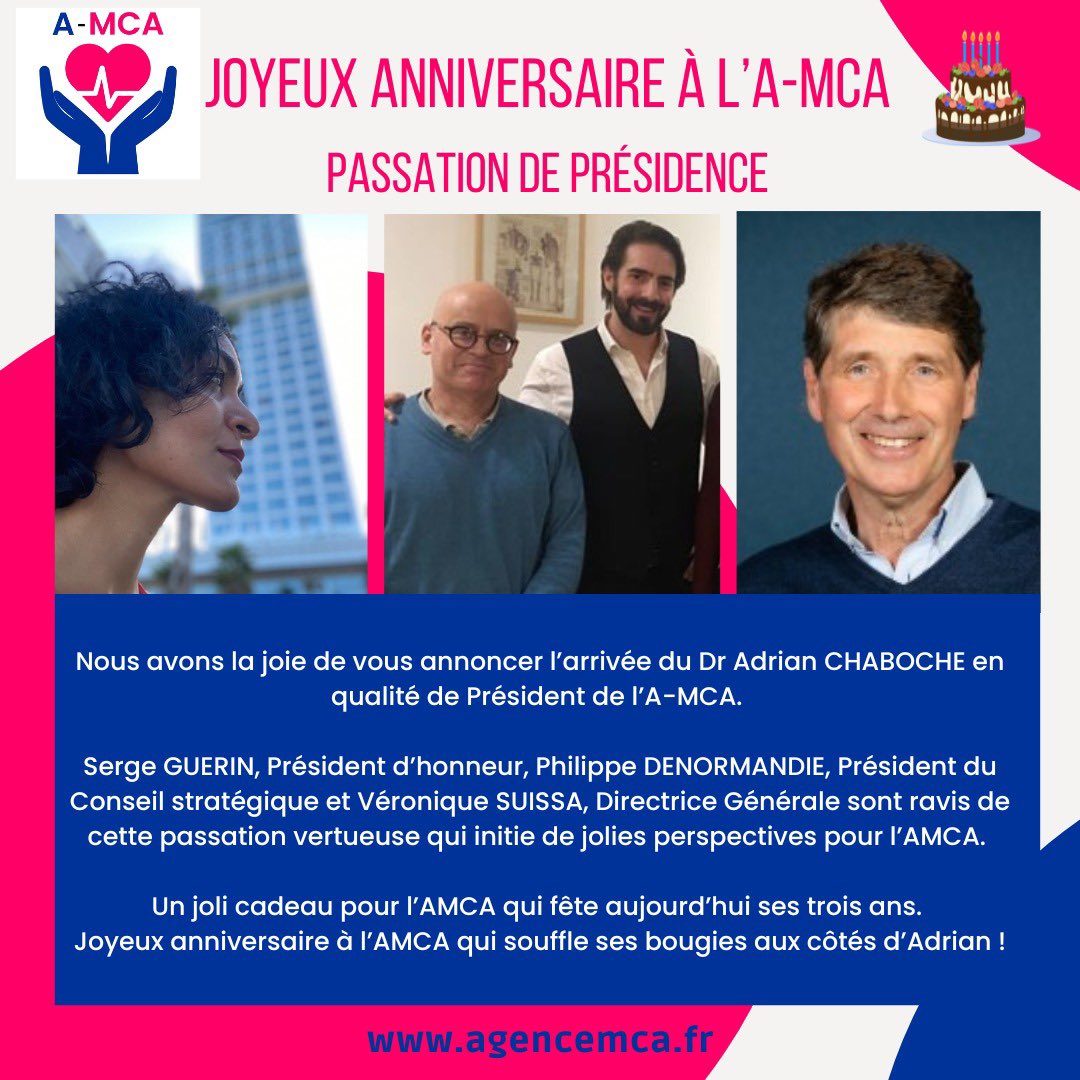 Bienvenu au Dr Adrian CHABOCHE !
Les 3 fondateurs sont très heureux d’annoncer l’arrivée d’#AdrianChanoche en qualité de Président de l’<a href="/AgenceDesMCA/">Agence des MCA (A-MCA)</a> 

En savoir+  : 
👉agencemca.fr/information/pa…

Lire le CP  :
👉 agencemca.fr/communiques-de…

#DuoAMCA <a href="/veroniquesuissa/">Véronique Suissa</a> &amp; #AdrianChaboche