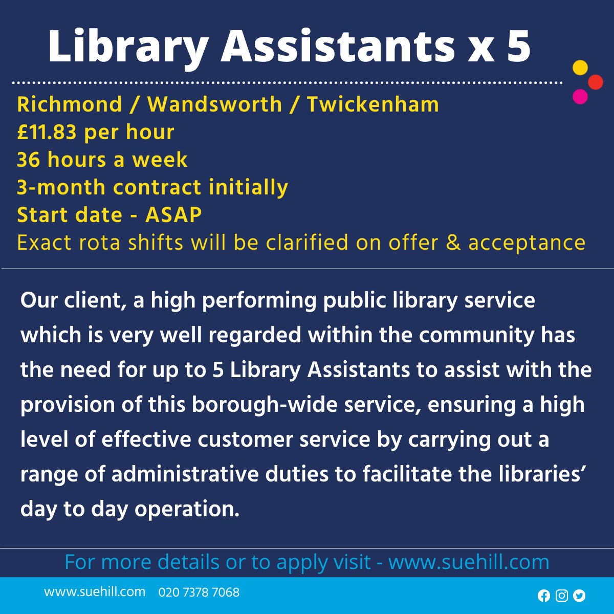 SueHillRec's tweet photo. Multiple new job opportunities - Library Assistant x 5 

Temporary, Richmond/Wandsworth/Twickenham, Salary-£11.83 per hour
For more details or to apply, you can see the full job post here -  https://t.co/ImtwbTS3FW
#LISJobs #LibraryAssistant #Richmond #Wandsworth #Twickenham https://t.co/1Kd2316v0w