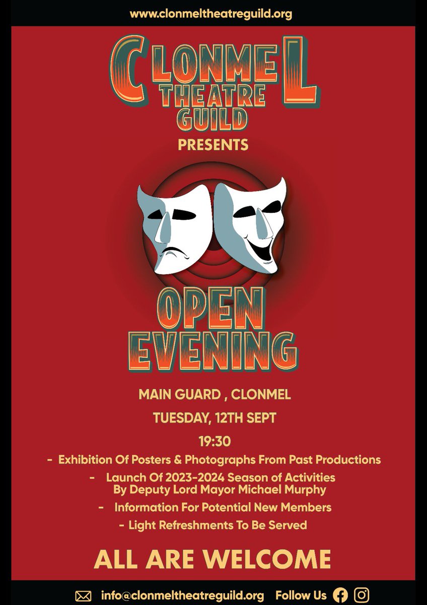 CTheatreGuild's tweet photo. Looking forward to seeing you all at our Open Evening, this evening, @7.30 in the Main Guard, Clonmel. https://t.co/JIGQI1dE7b