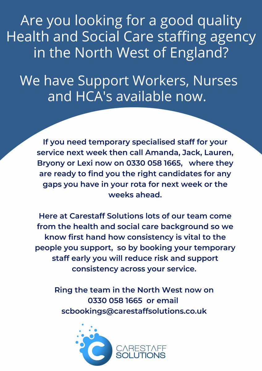 carestaff's tweet photo. #carestaffsolutions #recruiting #manchester #preston #chorley #blackpool #burnley #stockport #liverpool
#bolton #rochdale #warrington #lancaster #lancashire #merseyside #cheshire #greatermanchester #nurses #supportworkers #careassistants #hca #rmn #rgn https://t.co/j03EBOQpwL