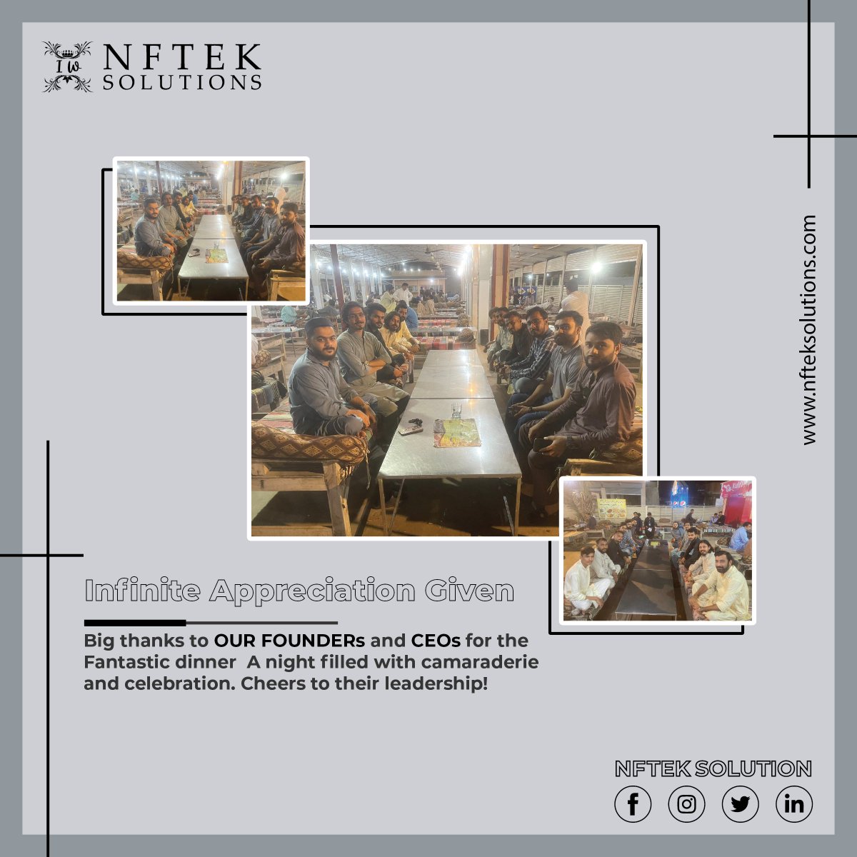 NftekSolutions's tweet photo. Infinite Appreciation Given🤩 thanks to Our Founder &amp; CEO for the fantastic dinner!!!
.
.
.
#NFTekSolution #dinner #officeouting #digitalmarketingagency  #softwarehouse #explorepage #NFTs https://t.co/P5ymLGlAiU