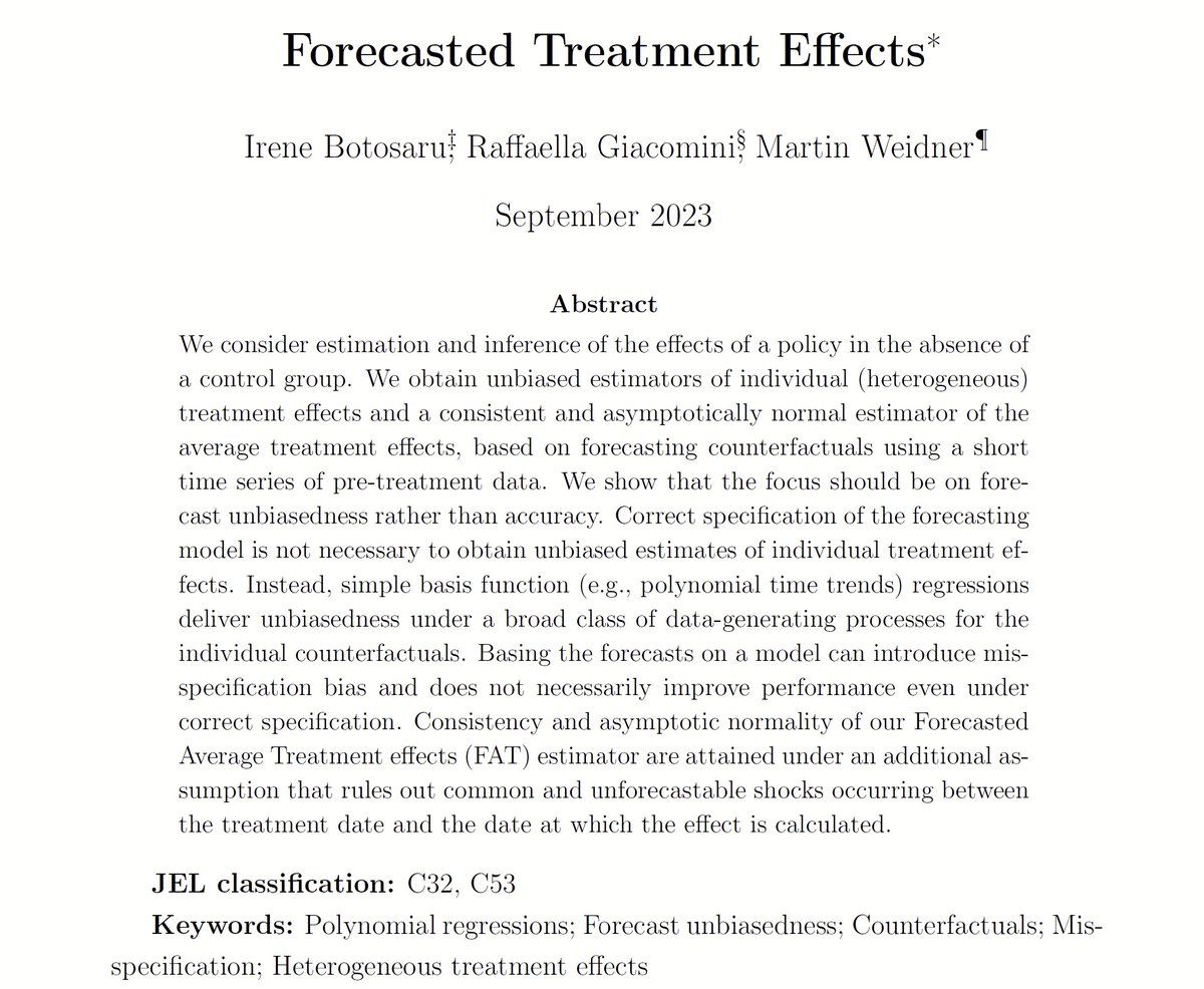 Hi #EconTwitter! 📊

How can we perform policy evaluation in the absence of a control group? 

Check out this brand new #econometrics paper by Irene Botosaru, Raffaella Giacomini &amp; <a href="/WeidnerEcon/">Martin Weidner</a> - they highlight the power of forecasting counterfactuals and introduce the novel