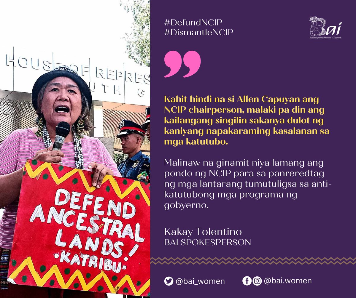 bai_women's tweet photo. BASAHIN | Kakay Tolentino, spokesperson ng Bai Indigenous Women's Network, sa pondo ng NCIP para sa taong 2024
#DefundNCIP
#DismantleNCIP
#StopTheAttacks https://t.co/2cWUu7VqYk