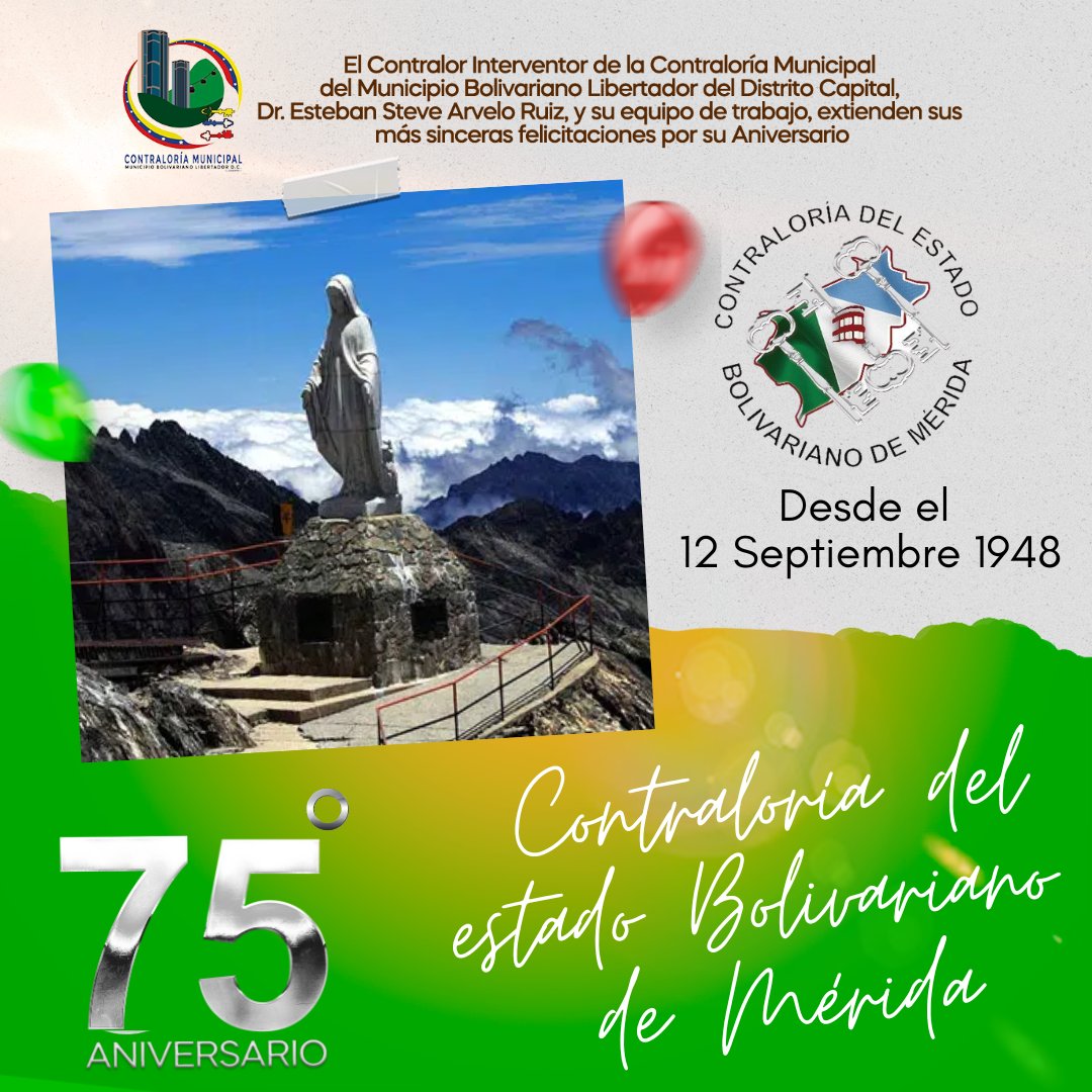CMBDCLibertador's tweet photo. El Contralor Interventor de la Contraloría del Municipio Bolivariano Libertador del Distrito Capital, Dr. Esteban Steve Arvelo Ruíz y su equipo de trabajo extienden sus más sinceras felicitaciones por su 75 aniversario a  la Contraloría del estado Bolivariano de Mérida
@cebmerida https://t.co/0iMpnYwYNq