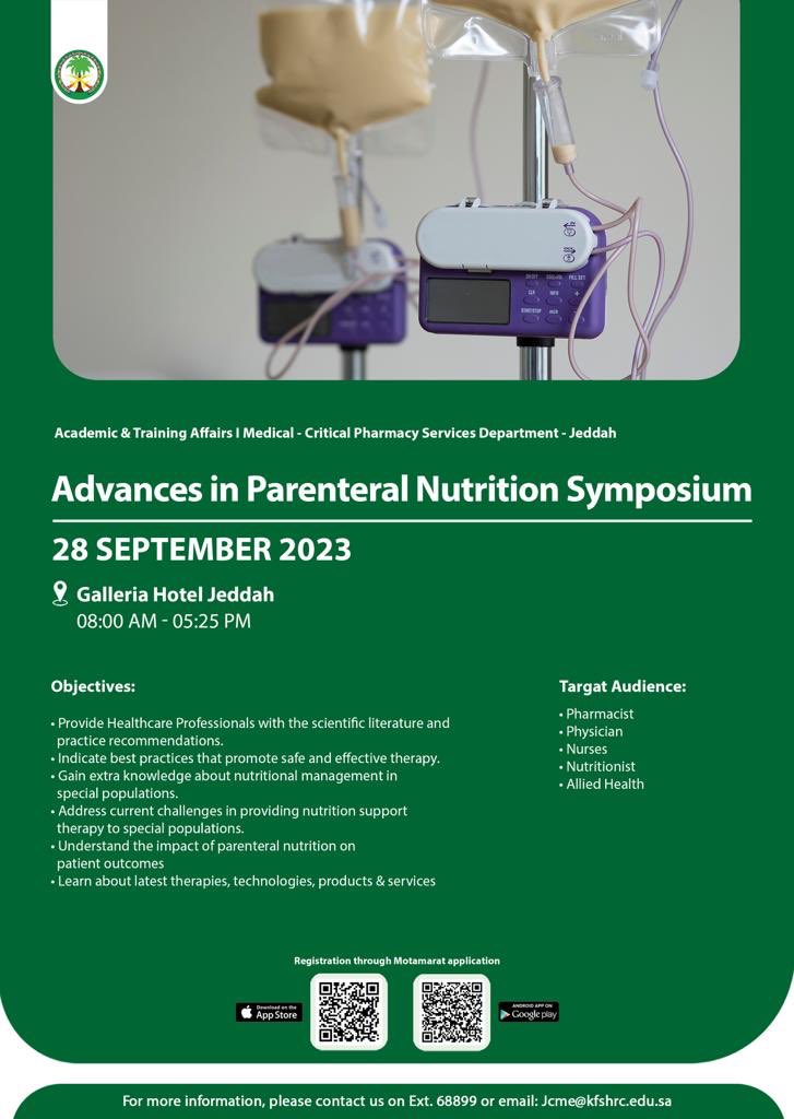 Pharmalani's tweet photo. Advances in Parenteral Nutrition Symposium

 📅 Date: September  28,  2023
 🏢 Venue: Galleria Hotel, Jeddah

 🔍 Registration and More Details

https://t.co/Uoytsx8CVE https://t.co/FuLXpQorIz